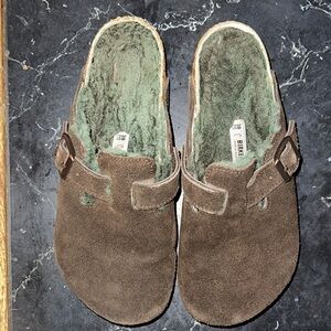 Birkenstock Brown Suede Slip-On Clogs with Green Shearling Lining